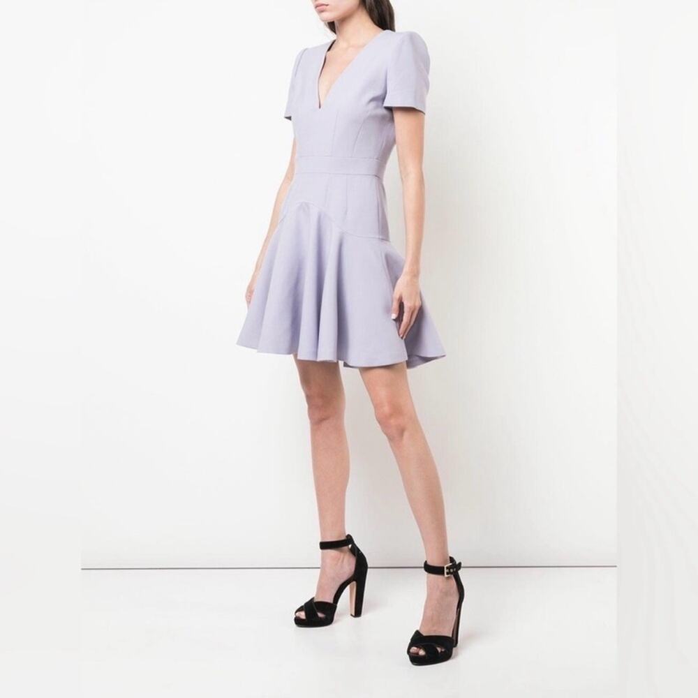 Alexander McQueen Lilac Fluted Hem Wool Silk Blend V-Neck Mini Dress Size 44
